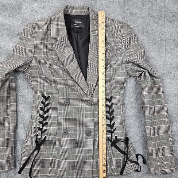 Bershka Blazer Womens Small Gray Plaid Double Breasted Lace Up Corset Jacket - Picture 6 of 8